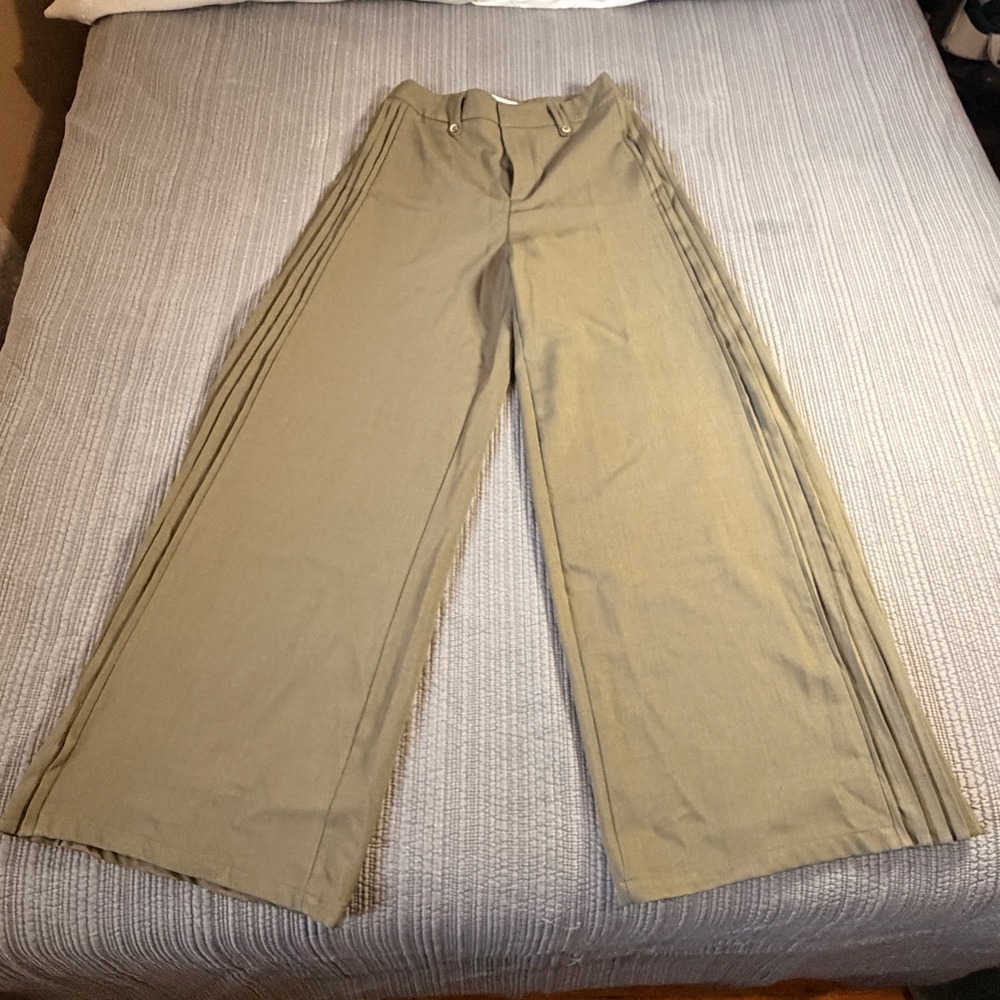 Commense Pleated Wide Leg Trousers Olive Green High Waist Dress Pants Womens M